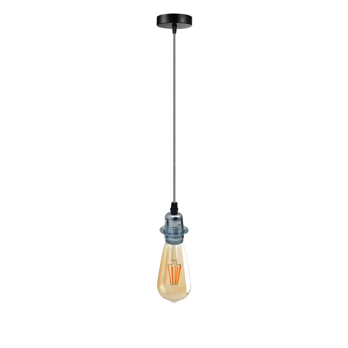Vintage style pendant light with polished chrome finish, hanging E27 lamp holder and 2m adjustable cable indoors