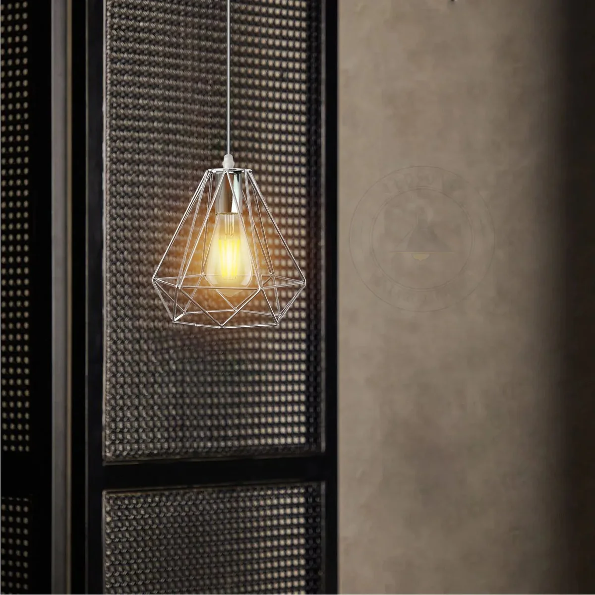 Chrome ceiling pendant light with 20cm metal diamond wire cage and 95cm cable hanging from ceiling rose