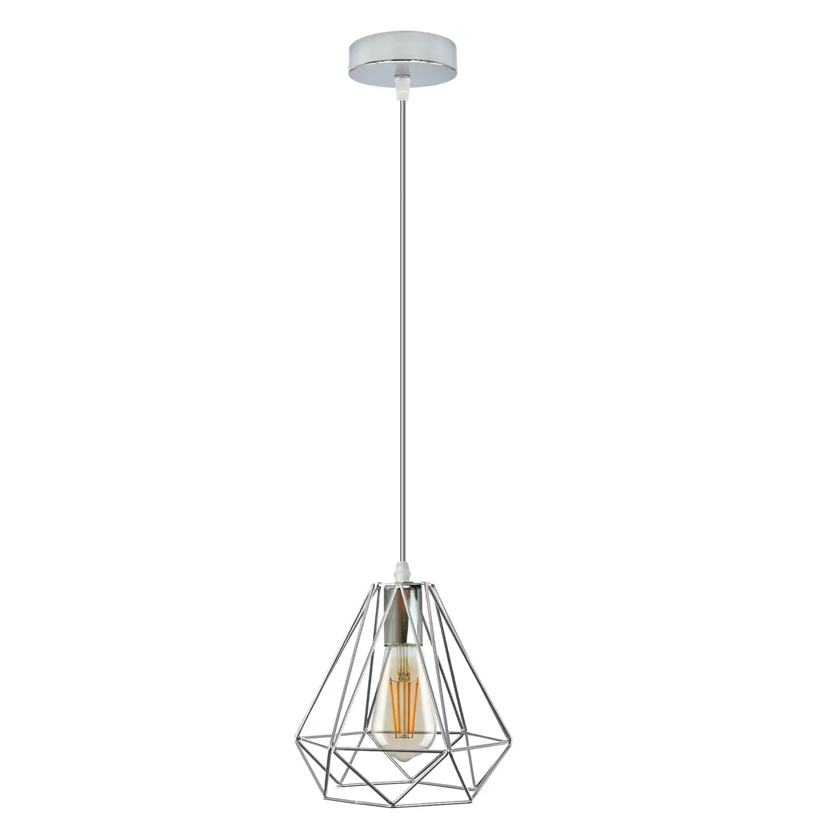 Chrome metal diamond wire cage industrial style pendant light with E27 base hanging from ceiling with 95cm cable