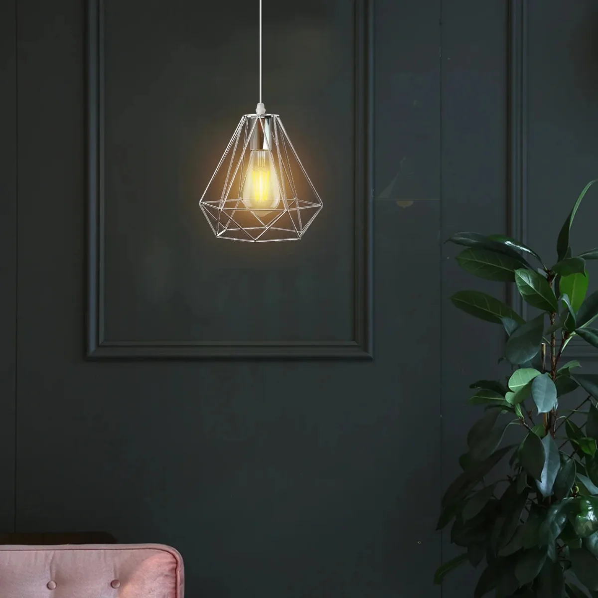 Chrome metal diamond wire cage E27 ceiling lamp pendant light with 95cm cable and ceiling rose accessories