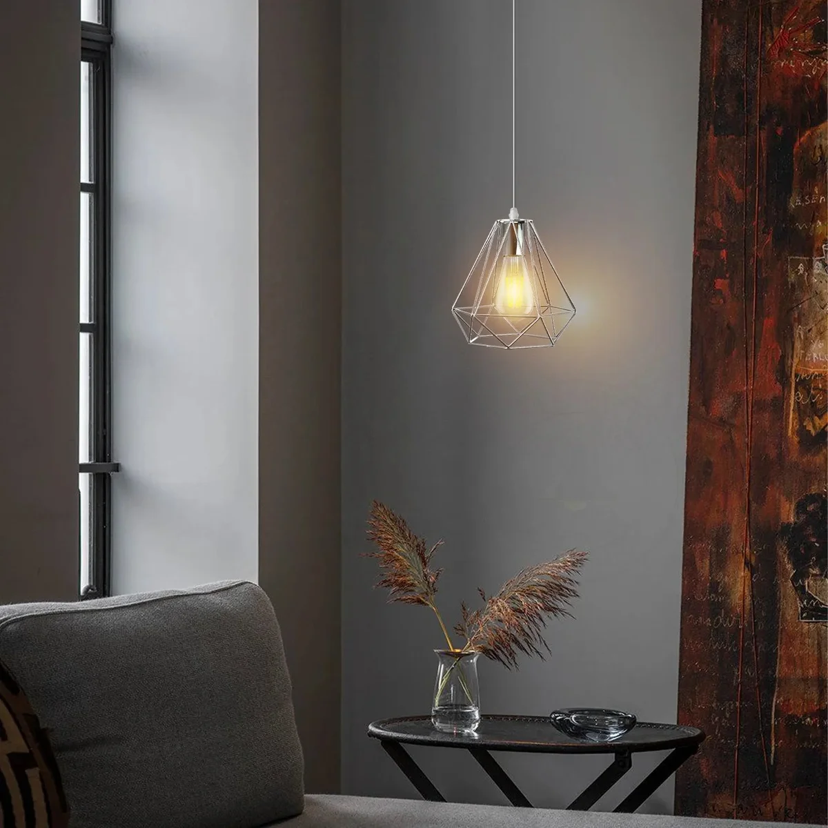 Chrome pendant lighting with 20cm diamond wire cage design, metal construction, and 95cm hanging cable against white background
