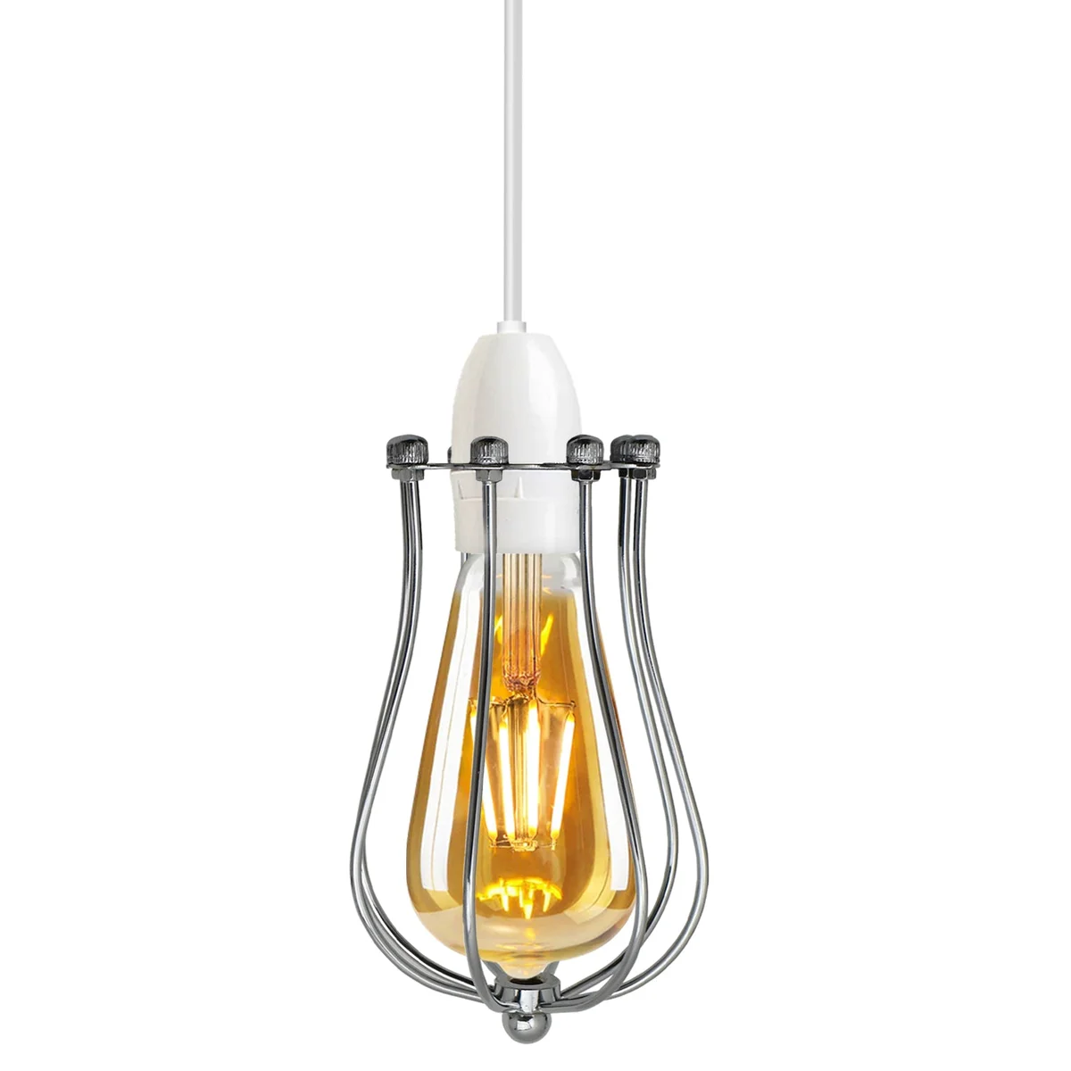 Chrome metal wire cage lampshade in balloon shape hanging against a white background, showing vintage industrial style