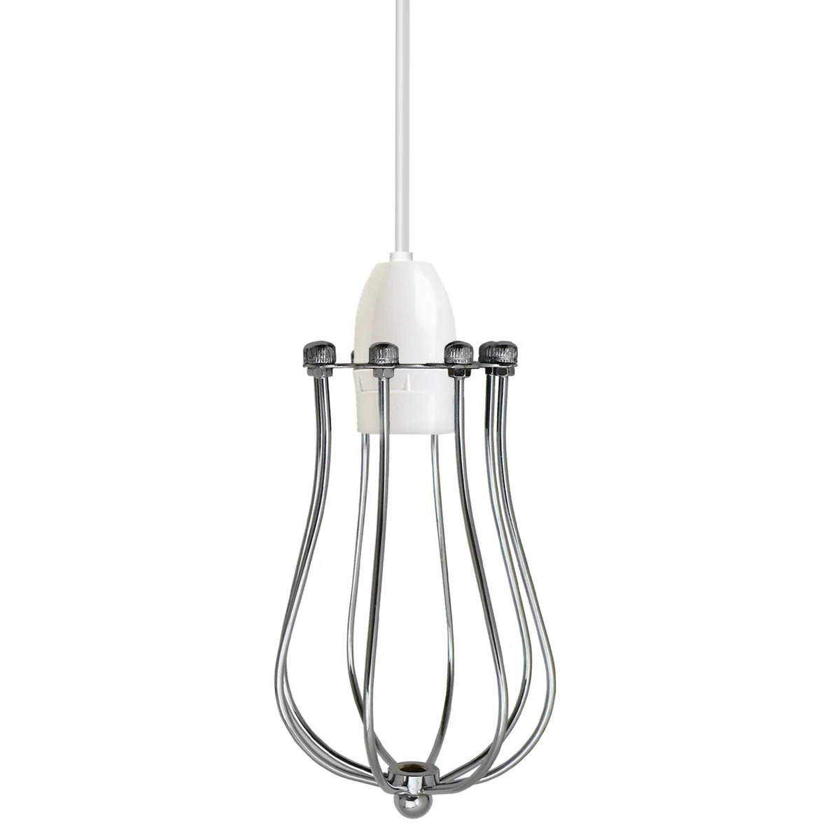 Chrome metal balloon cage indoor vintage lamp shade with rustic industrial design hanging against white background