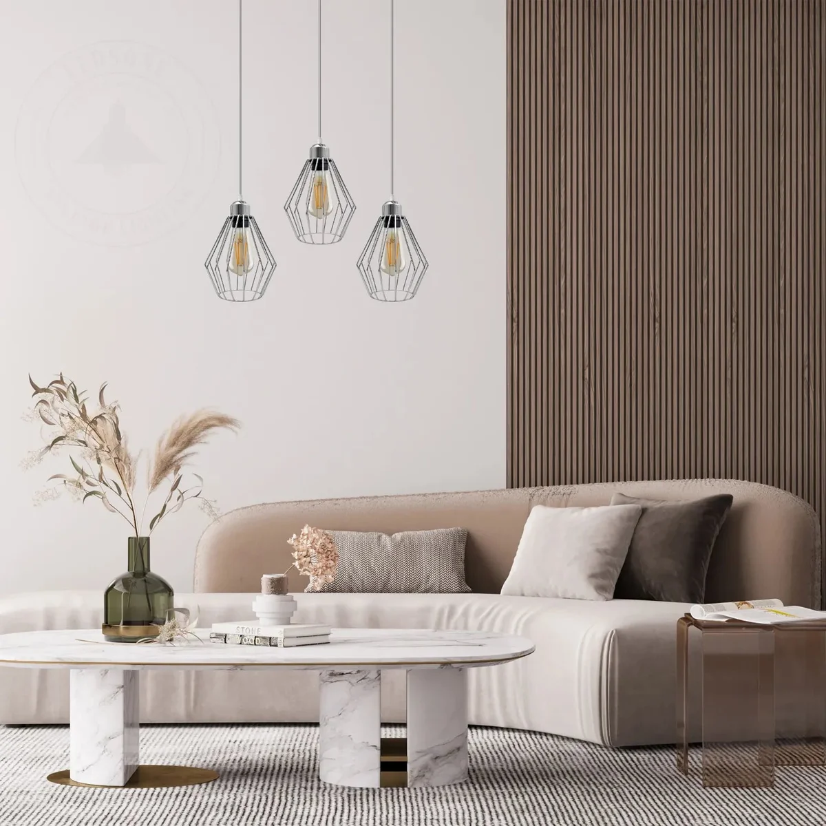 Chrome industrial pendant lamp with three diamond-shaped wire cage shades hanging from ceiling fixture