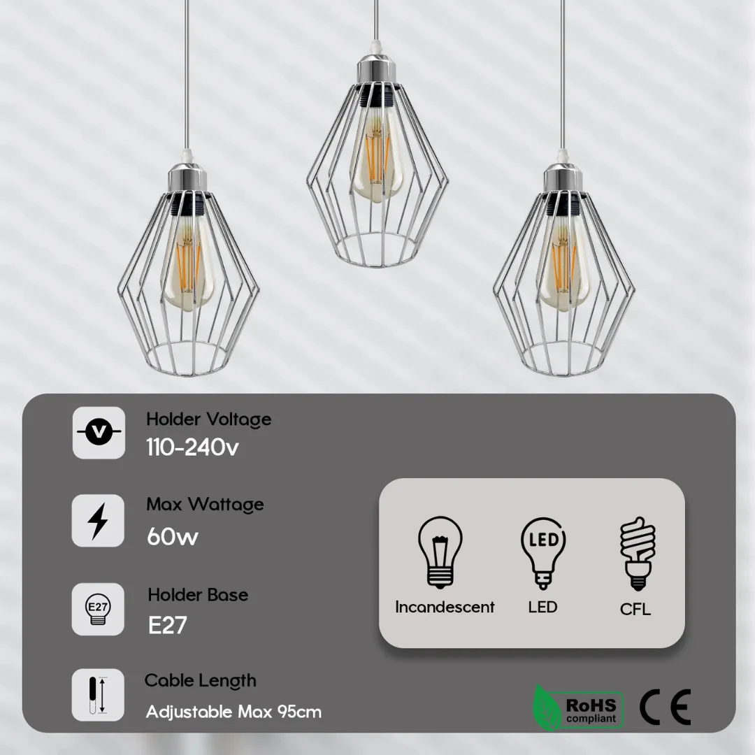 Chrome 3 head rectangle ceiling lamp with diamond wire cage, vintage style, featuring E27 base pendant lights and 95cm cables