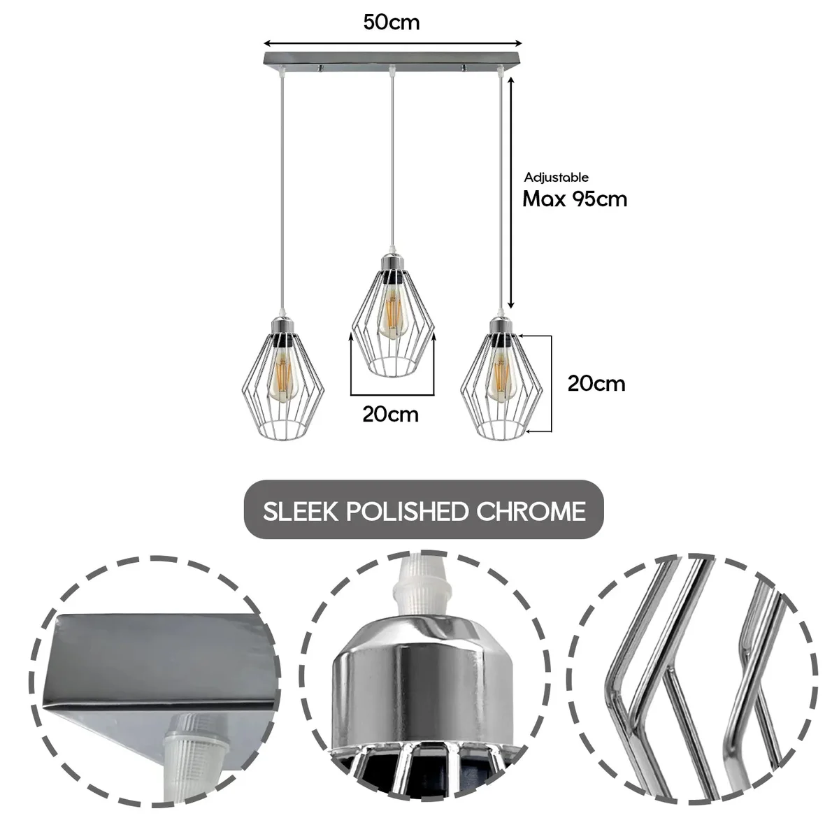 Chrome ceiling pendant lamp with three metal cage light shades in a diamond shape, vintage industrial style, 20cm diameter each