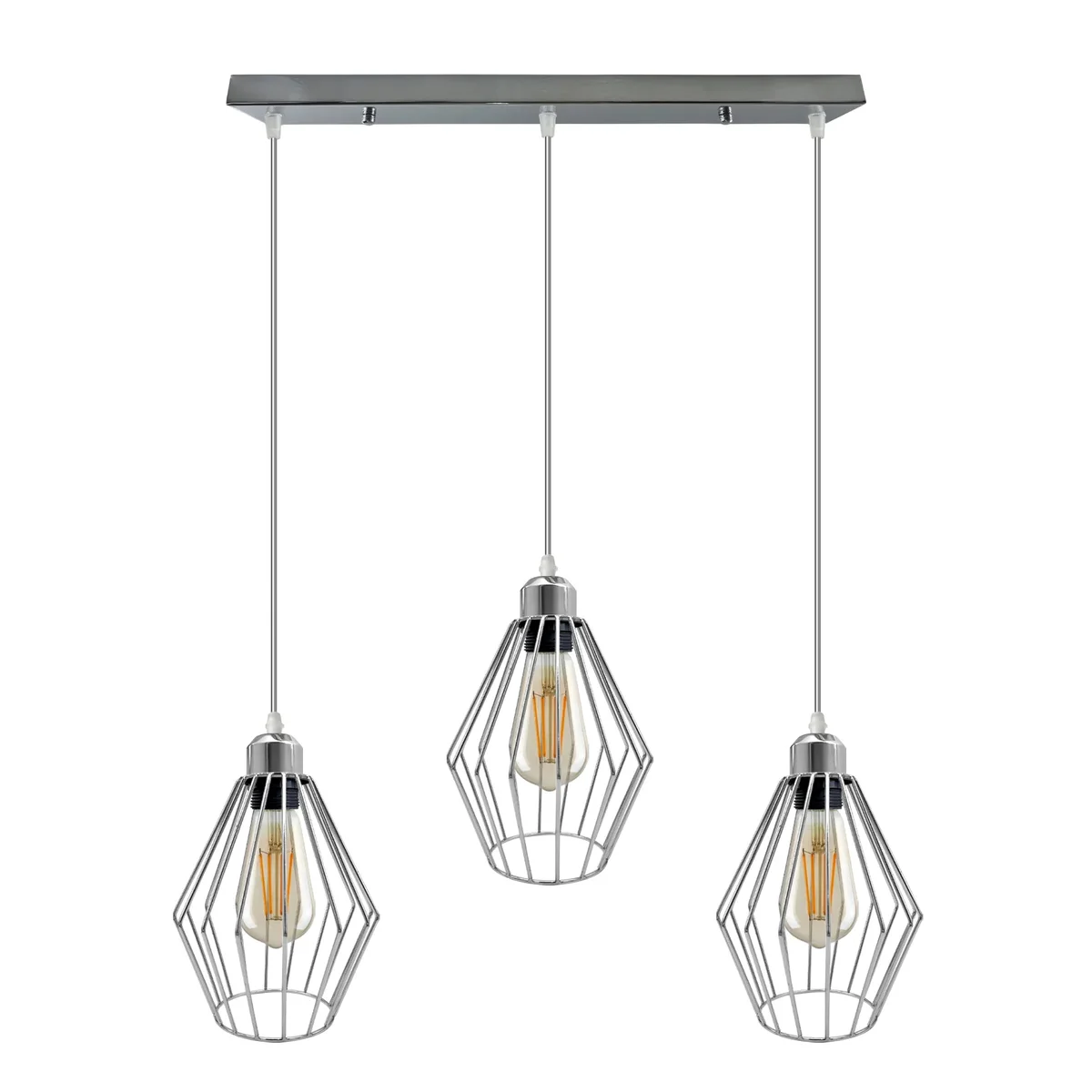 Chrome 3 head rectangle ceiling lamp with wire cage pendant lights in vintage industrial style, metal diamond-shaped shades