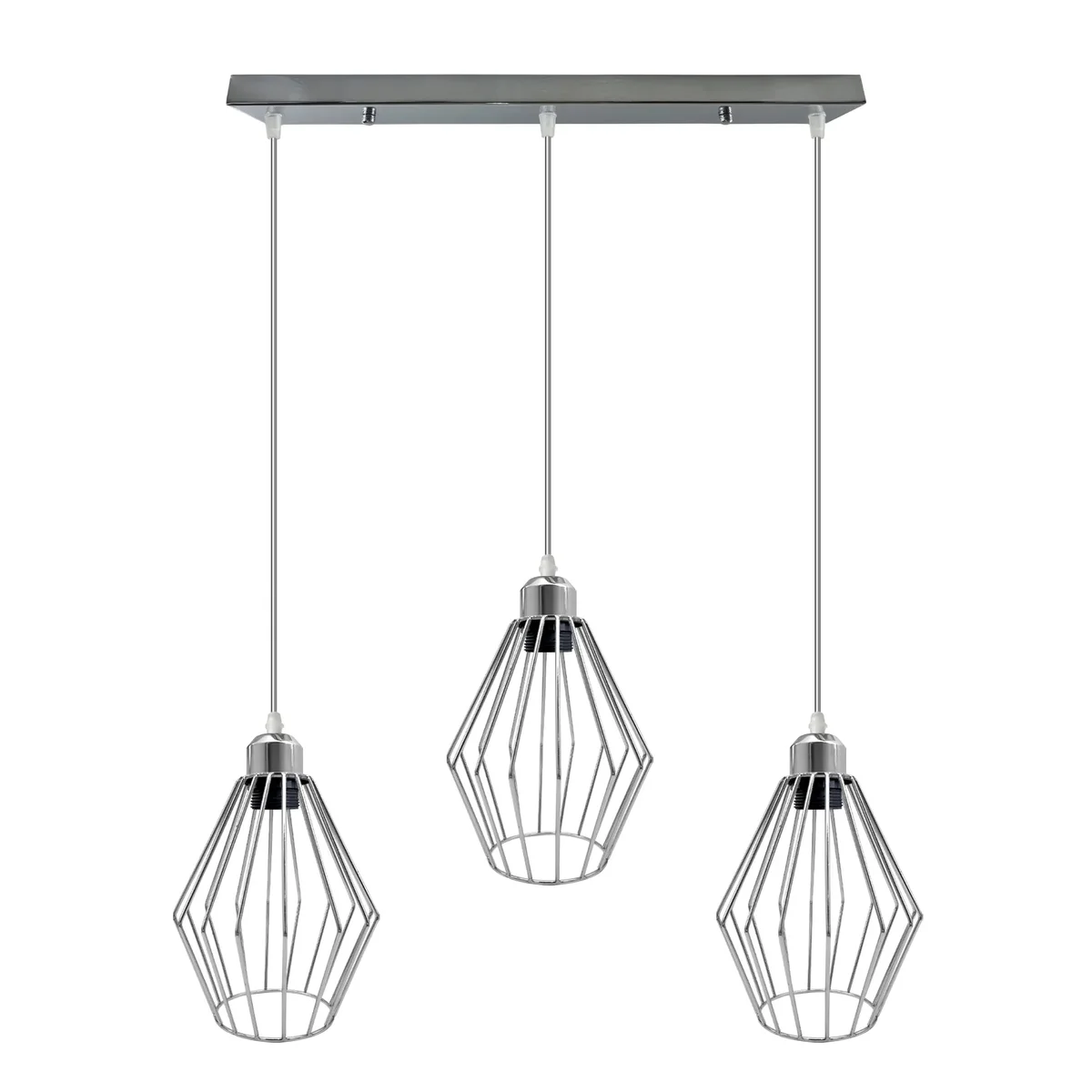 Chrome ceiling pendant light with three rectangular wire cage shades hanging from 95cm cables against white background