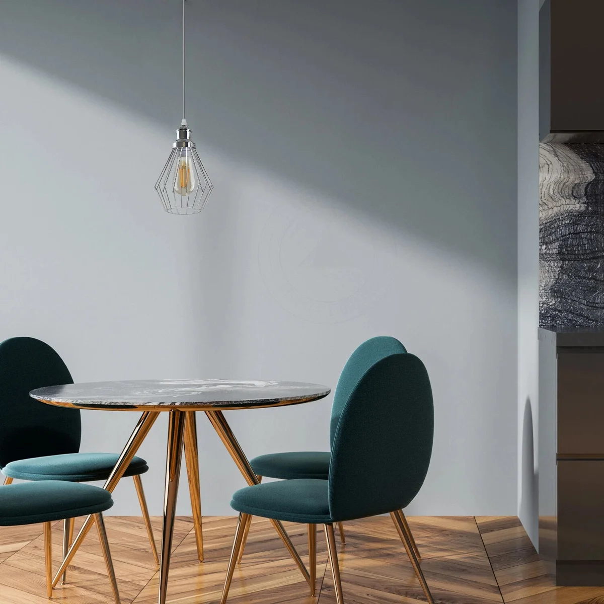 Chrome wire cage pendant light with diamond-shaped metal shade and 95cm cable for ceiling mounting in vintage style