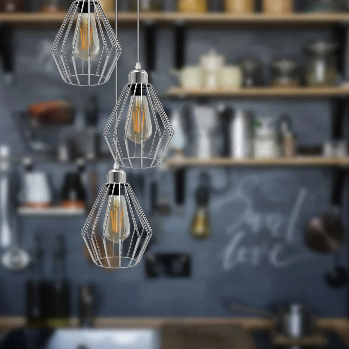 Chrome vintage ceiling pendant with diamond-shaped wire cage in polished chrome, 20cm diameter, hanging light fixture