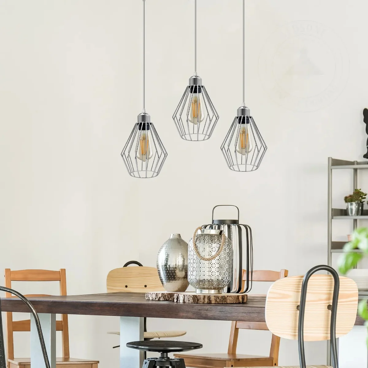 Chrome industrial pendant light with diamond-shaped wire cage and 20cm diameter, hanging from 95cm cable