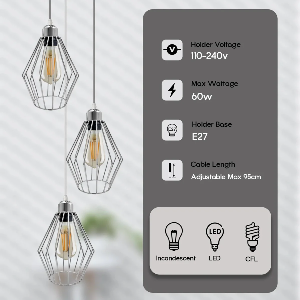 Chrome diamond shape pendant lamp with open wire cage design and 20cm diameter metal shade hanging from ceiling