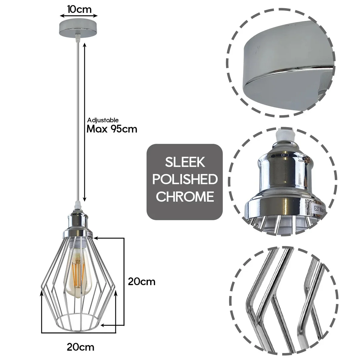 Chrome wire cage pendant light with diamond shape shade and 95cm cable, compatible with E27 base ceiling light bulbs