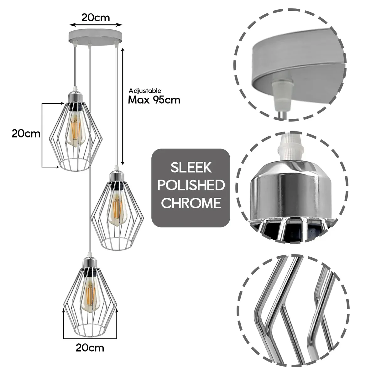 Chrome metal cage pendant light with diamond-shaped open design and 95cm cable, suitable for E27 bulbs in vintage style