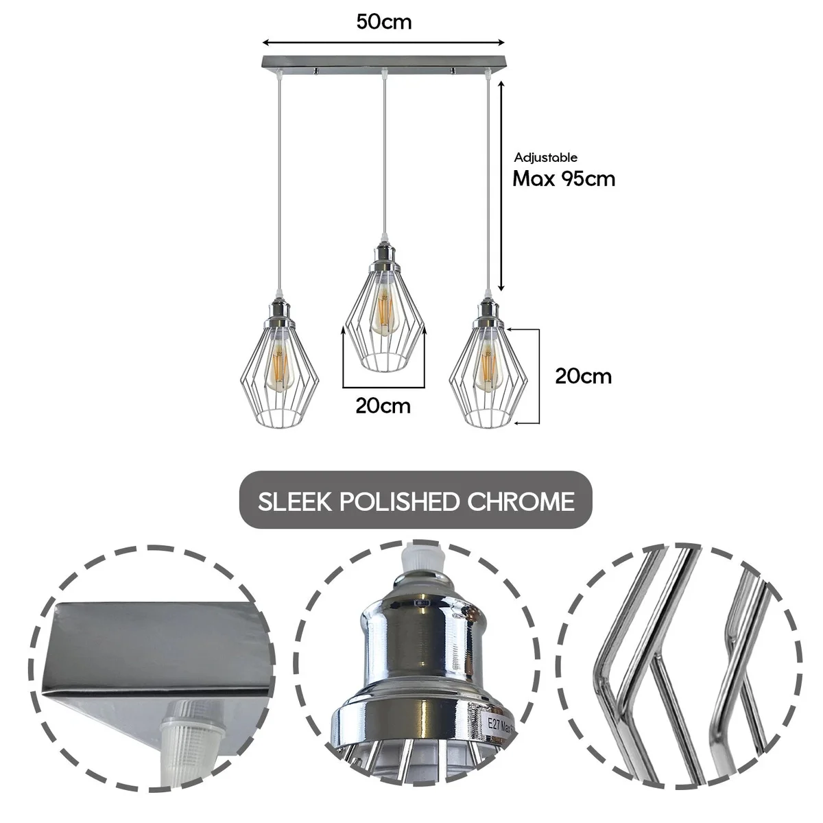 Chrome wire cage pendant light with diamond-shaped open metal shade and 95cm cable hanging against white background
