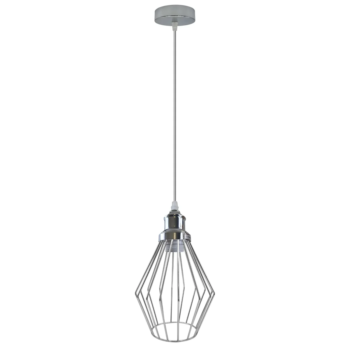Chrome wire cage pendant light with diamond-shaped metal shade and 95cm cable hanging against white background