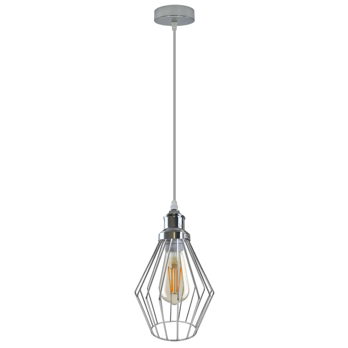 Chrome wire cage pendant light with diamond-shaped metal shade, 20cm diameter, hanging from 95cm cable in vintage style
