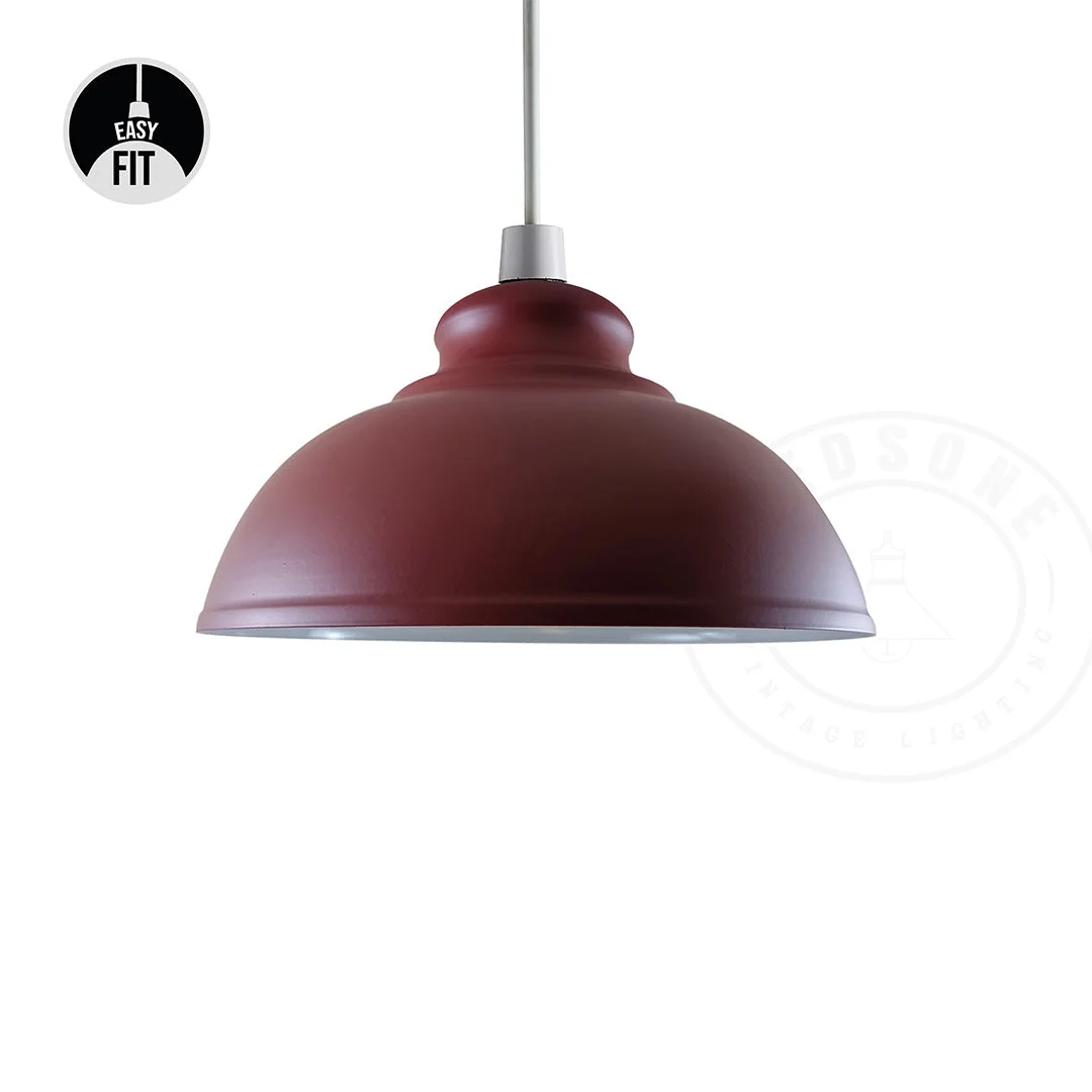Curvy vintage metal lampshade in burgundy with easy-fit E27 base, showcasing retro-industrial design and durable metal build