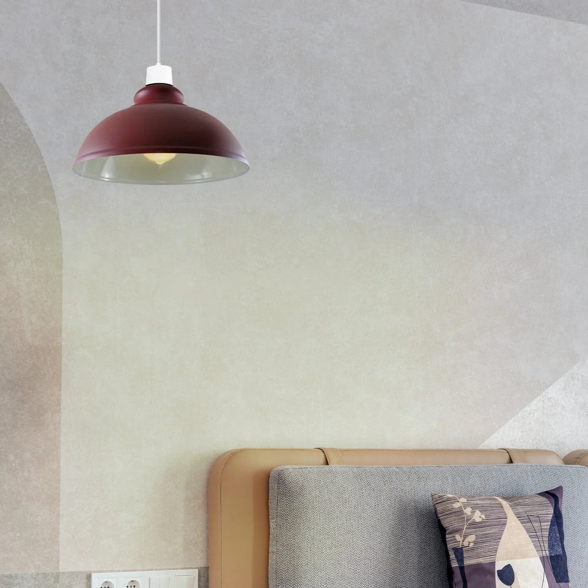 Curvy vintage burgundy pendant lamp shade made of metal, designed for easy fit E27 bulbs, shown hanging indoors