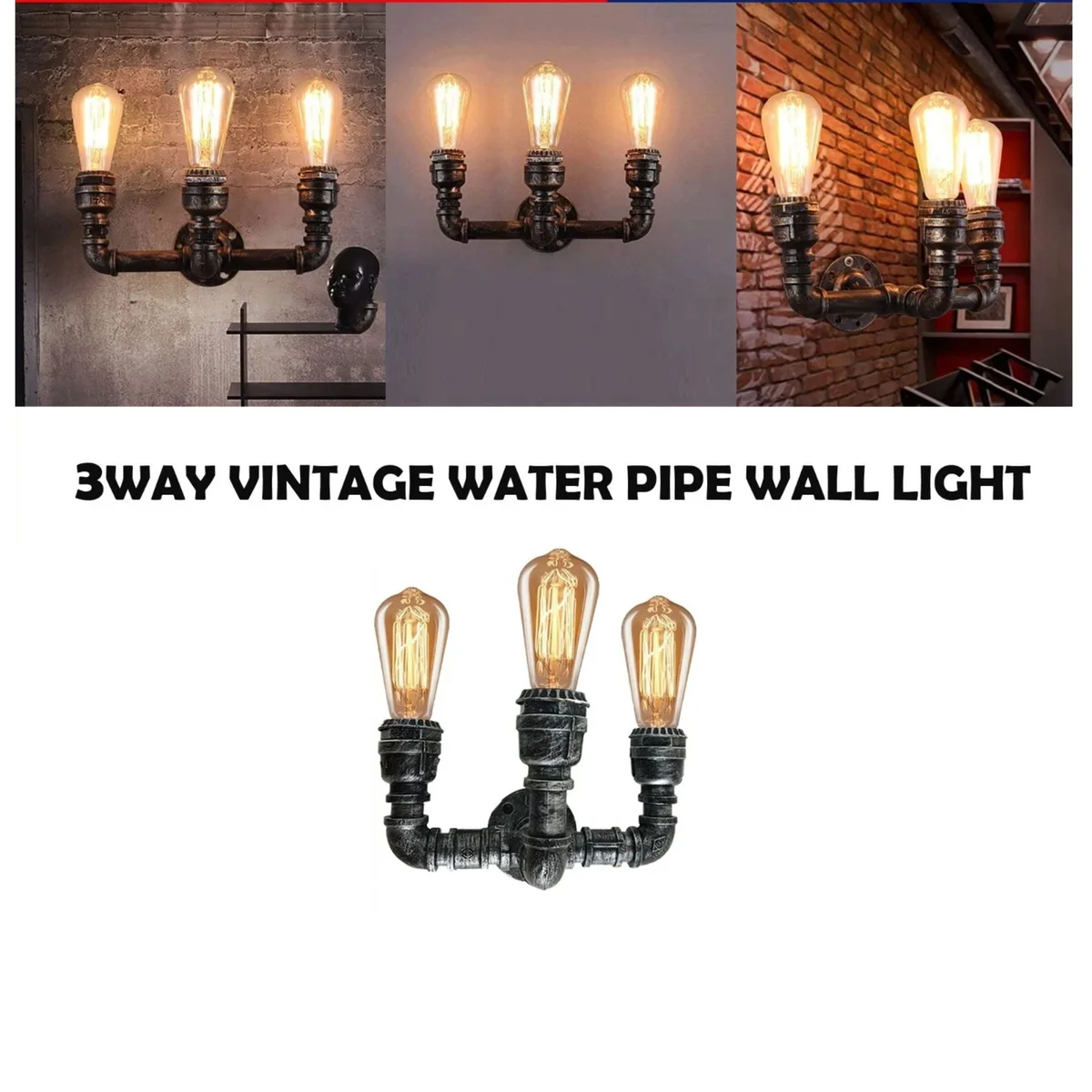 Brushed silver industrial pipe wall light with dual E27 bulbs and exposed metal pipe fittings in vintage steampunk style