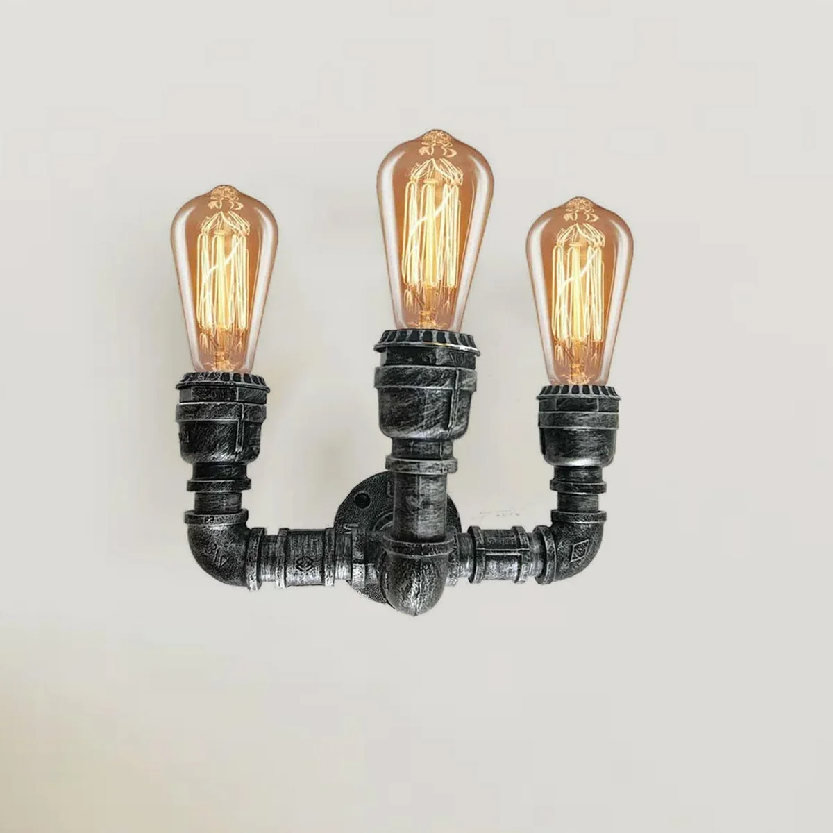 Brushed silver wall light with industrial pipe design, two E27 bulbs, metal and iron construction, vintage steampunk style