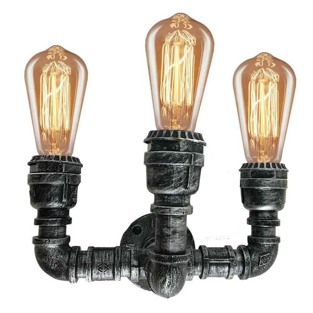 Brushed silver steampunk wall lamp with industrial water pipe design and two E27 bulb fittings mounted on a wall