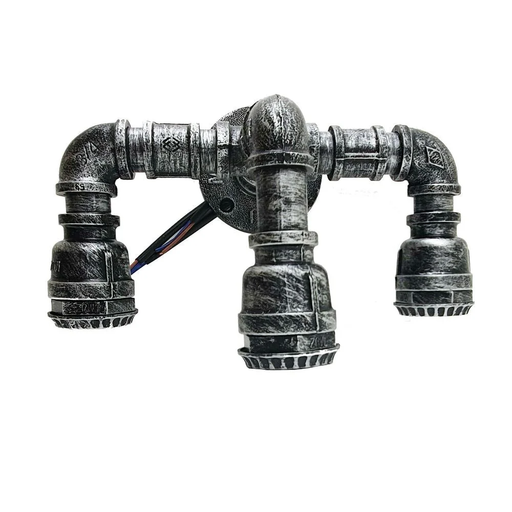 Brushed silver industrial pipe wall light with two E27 bulbs, metal and iron steampunk design mounted on wall