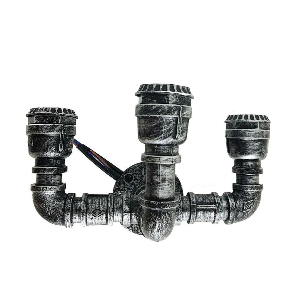 Brushed silver industrial pipe wall light with two E27 bulbs, metal and iron retro steampunk design mounted on wall