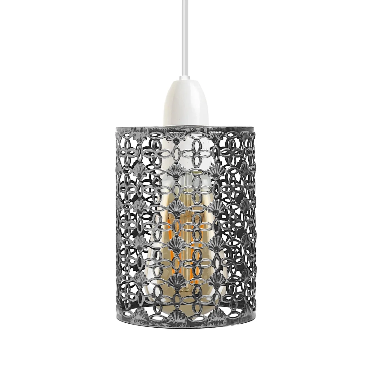 Brushed silver industrial drum metal wire cage E27 bulb pendant shade shown from side angle on white background