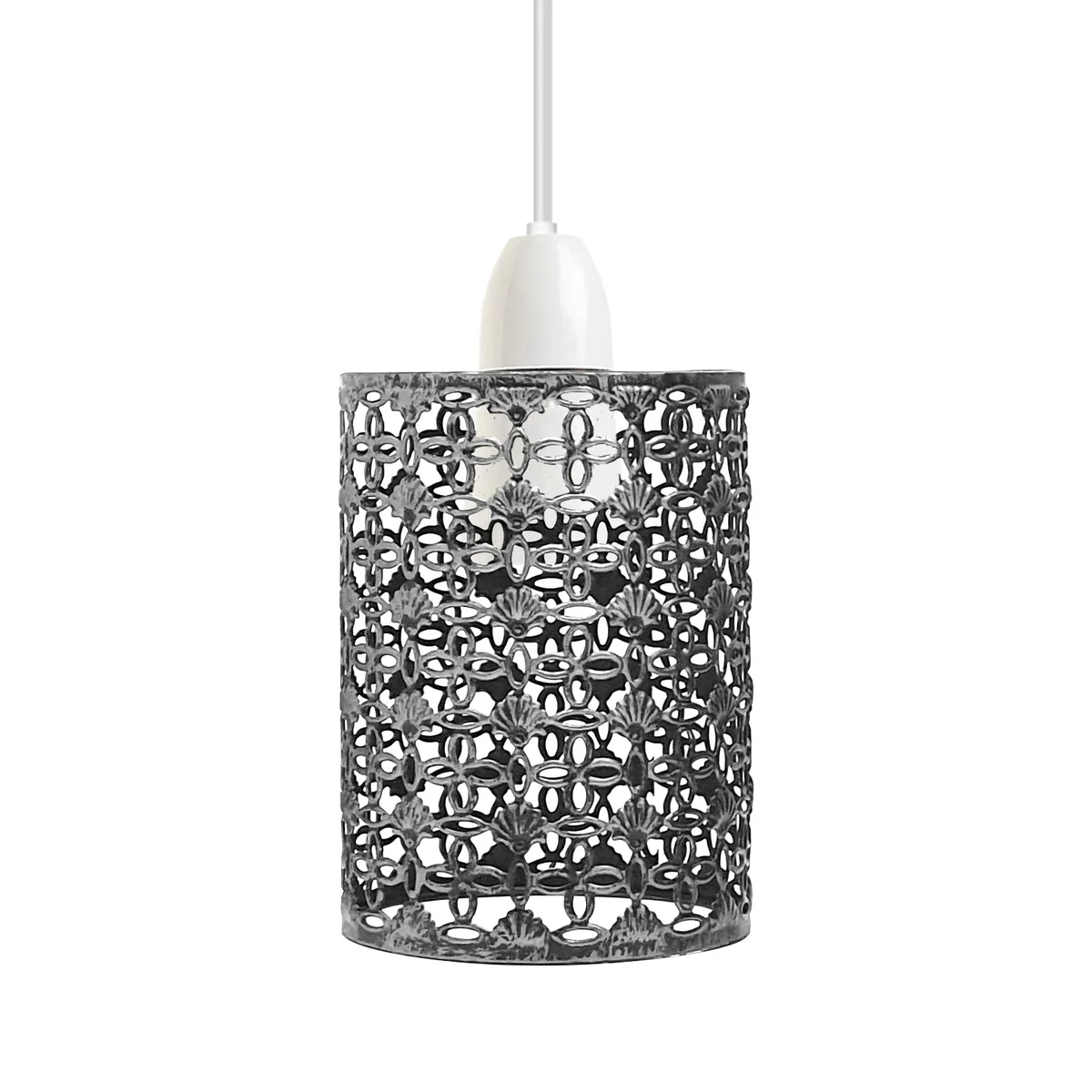 Brushed silver metal drum wire cage pendant lampshade showcasing modern industrial lighting design, easy fit installation.
