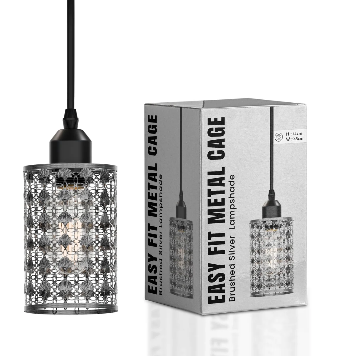 Brushed silver industrial drum pendant lampshade with open metal wire cage and reducer plate for easy ceiling fit