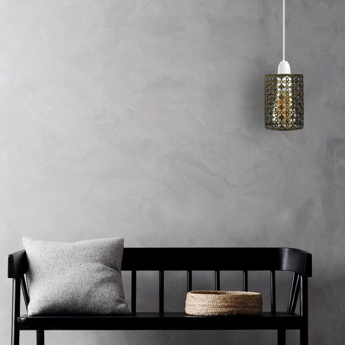 Brushed silver industrial drum pendant lampshade with open metal wire cage design, shown hanging indoors