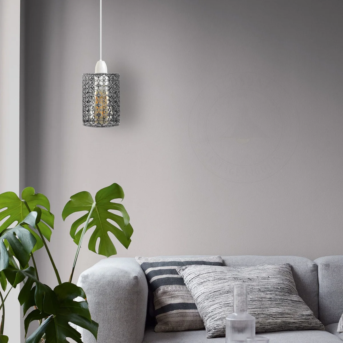 Brushed silver industrial drum pendant lampshade with open metal wire cage and reducer plate for ceiling fitting