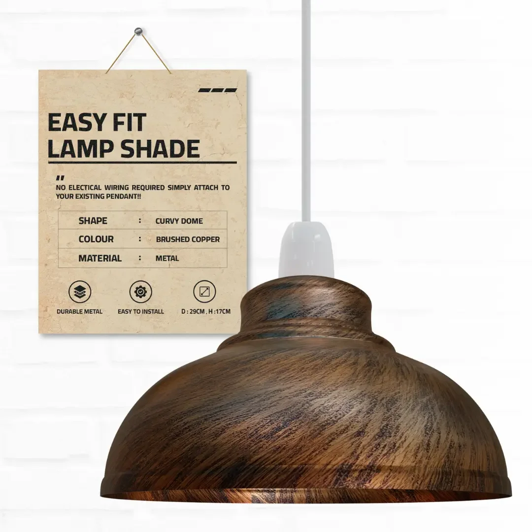 Curvy metal retro ceiling pendant light shade in vintage style, 29cm diameter, easy fit for indoor use with E27/B22 bulb base