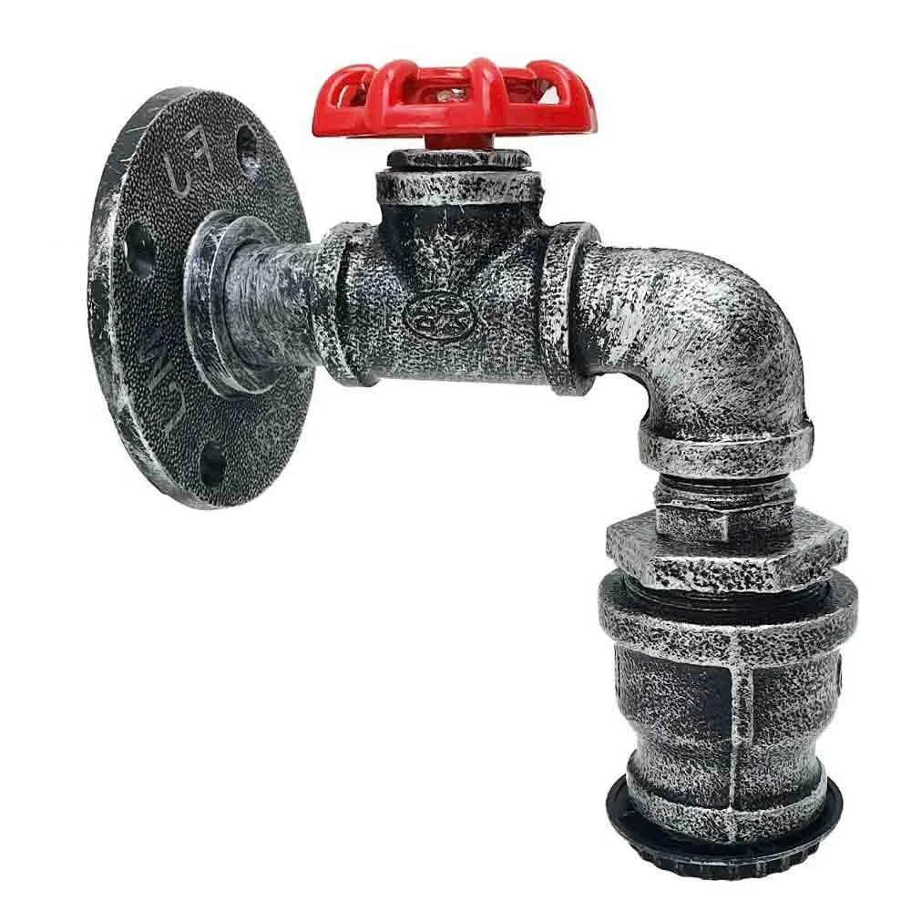 Brushed silver vintage wall lamp with industrial water pipe design and red valve accent, includes E27 bulb, wall mounted