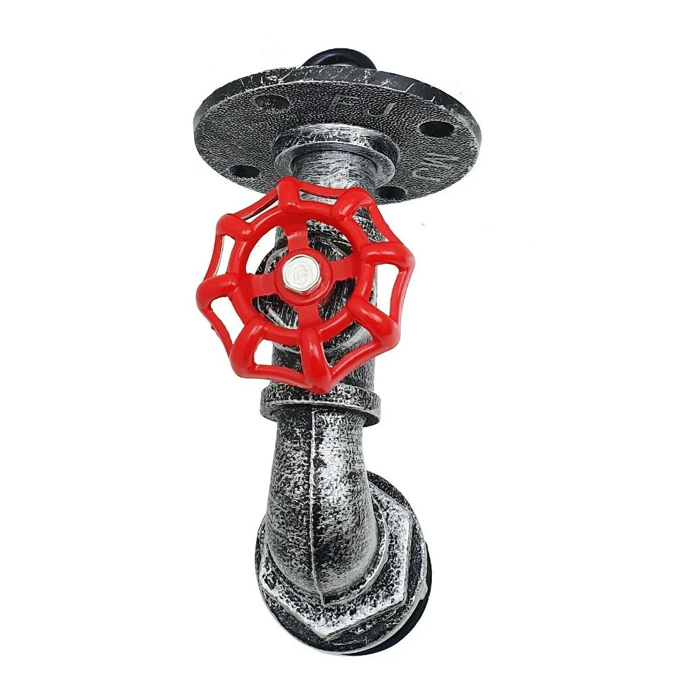 Brushed silver metal wall light with vintage water pipe design and red valve accent, includes E27 bulb, mounted on wall