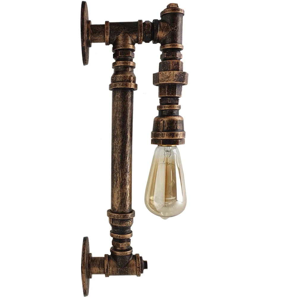 Vintage industrial brushed copper wall lamp with steel pipe design mounted on white wall, suitable for cafe or home decor