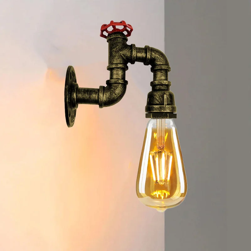 Vintage steampunk wall light with red valve detail, metal pipe design, and included E27 bulb mounted on wall