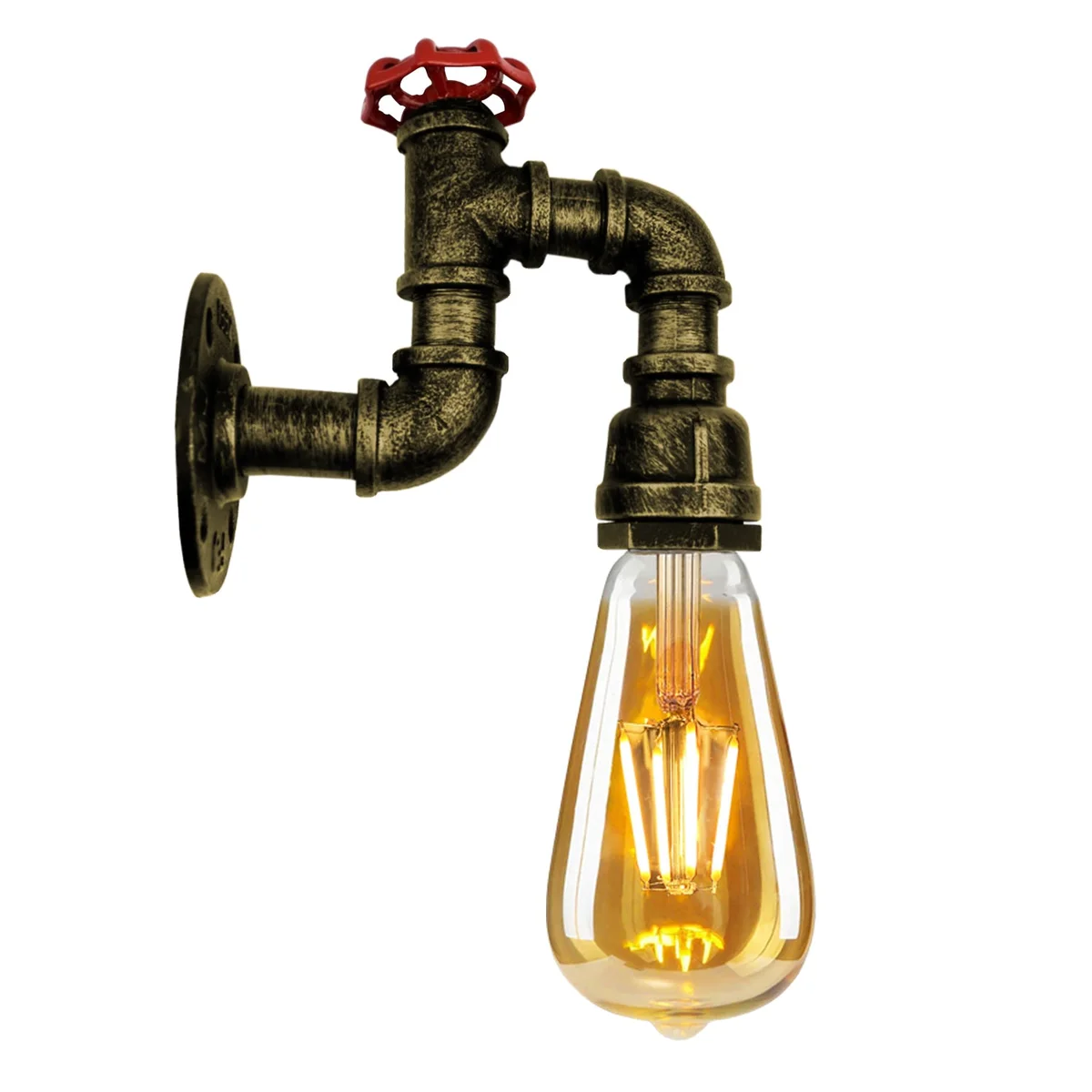 Retro wall lamp with vintage steampunk water pipe design, red valve detail, metal construction, and E27 bulb included