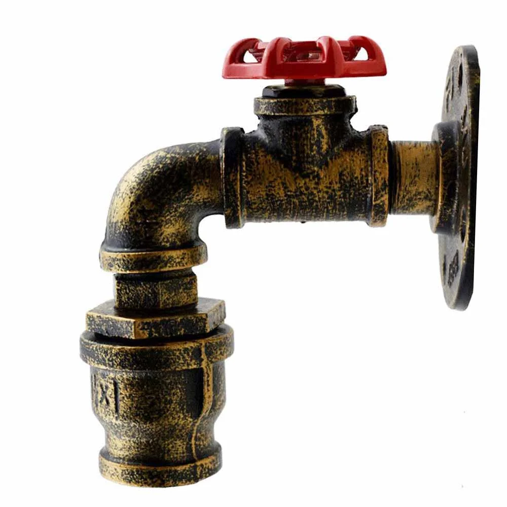 Vintage steampunk metal pipe wall lamp with red valve detail and E27 bulb mounted on a brushed brass wall plate