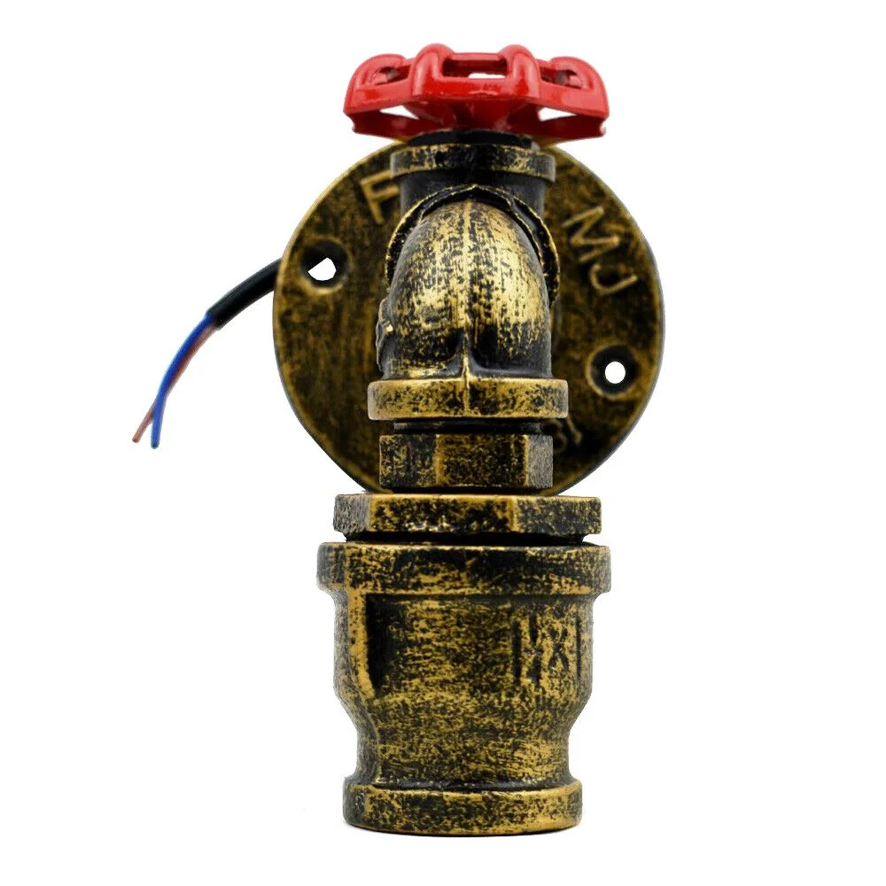 Vintage indoor lighting featuring a retro steampunk water pipe wall light with red valve and E27 bulb included