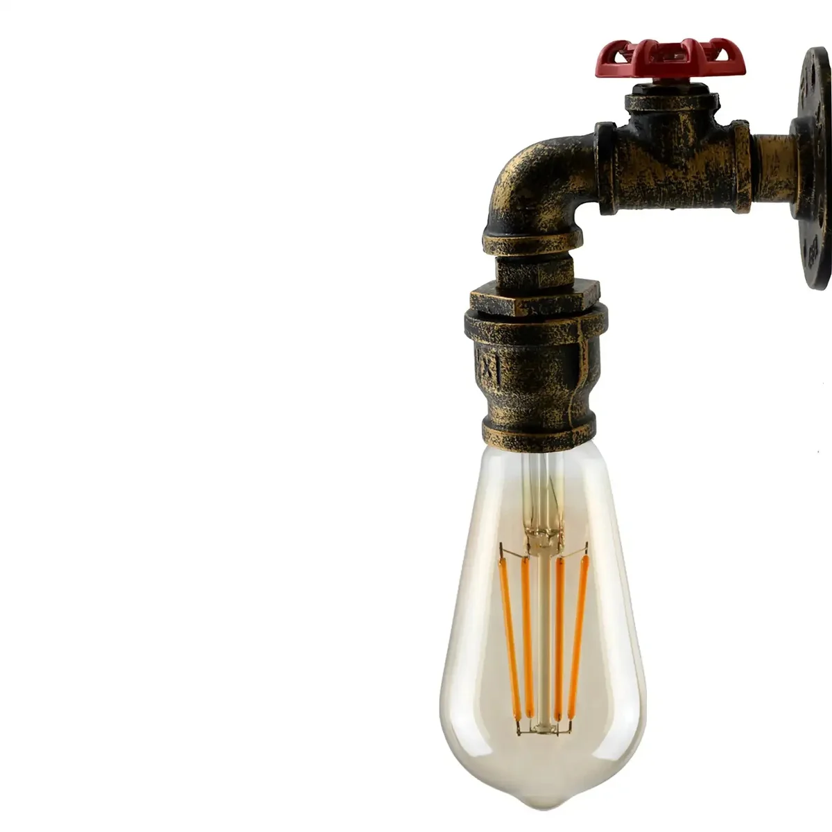 Steampunk wall light with vintage metal water pipe design, red valve detail, and included E27 bulb on a white wall