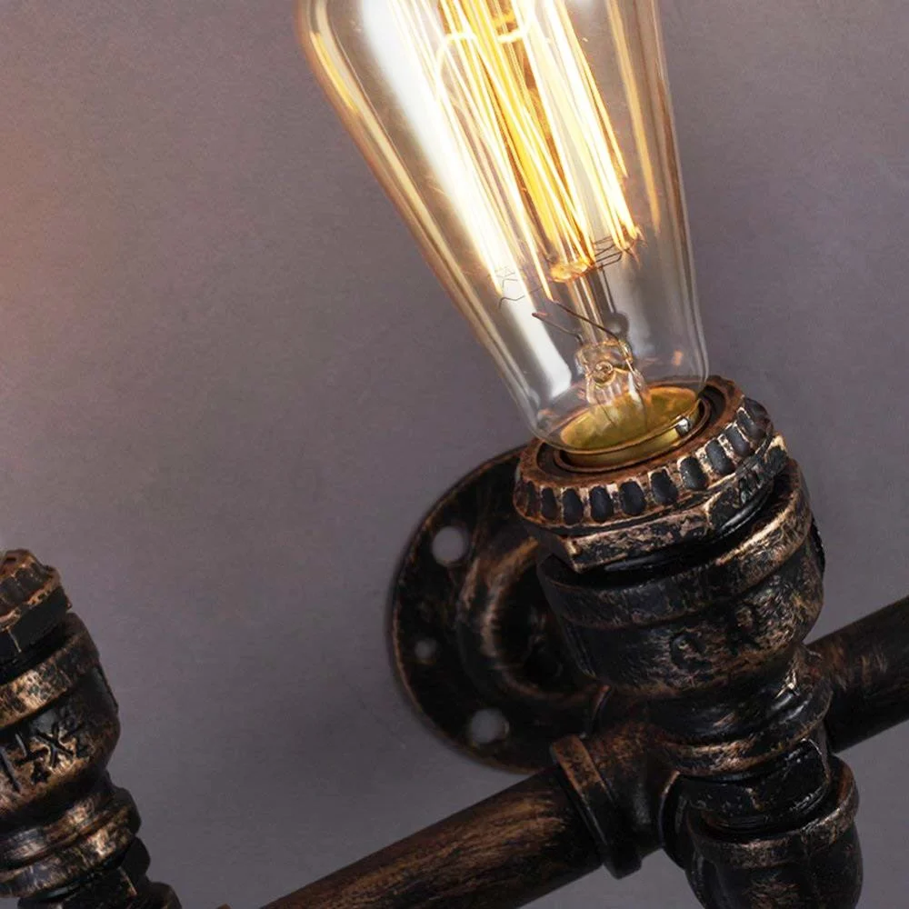 Brushed copper pipe lamp with E27 bulb and metal shade in vintage loft style indoor lighting setting