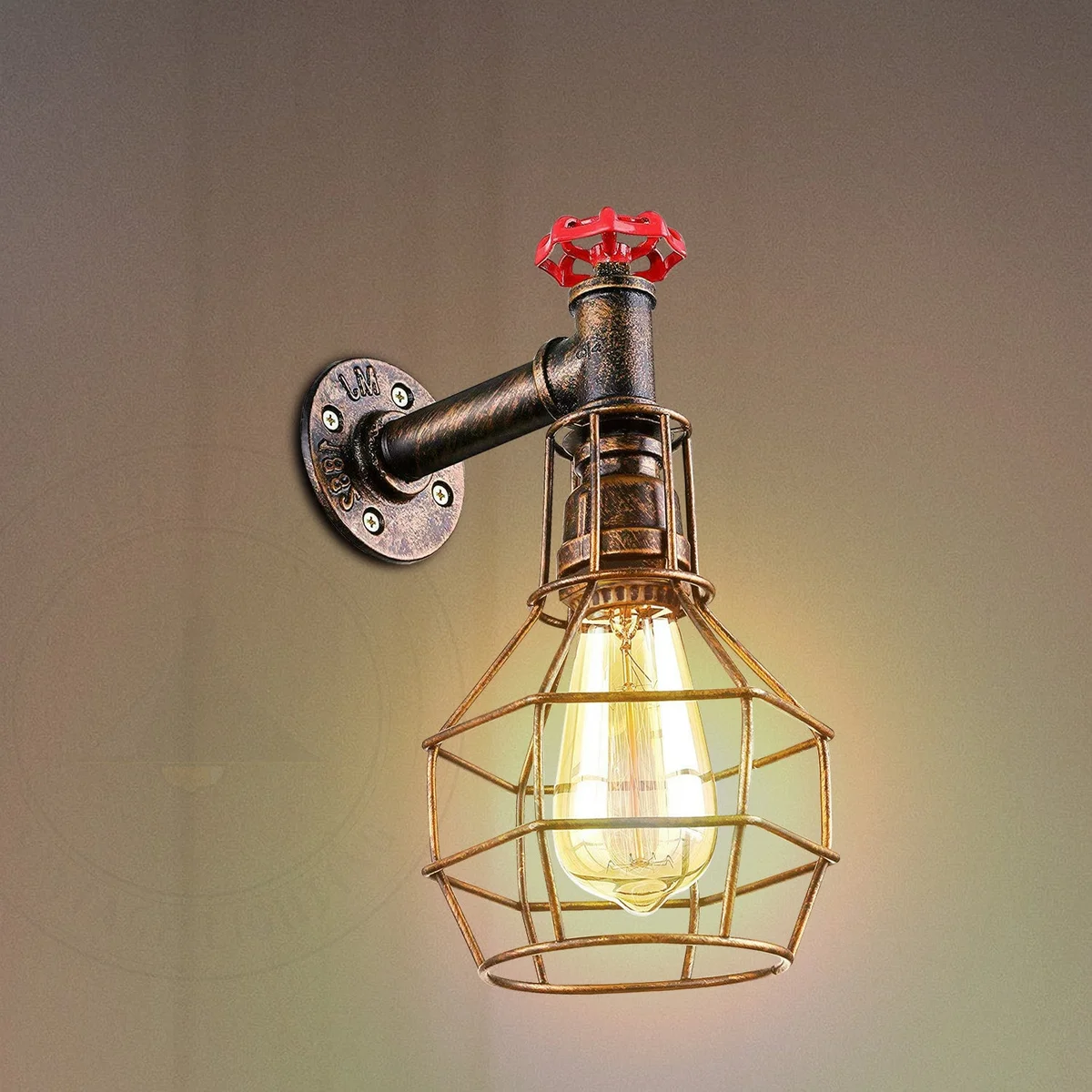 Brushed copper retro industrial wall light with metal pipe cage and included bulb, vintage style for indoor use