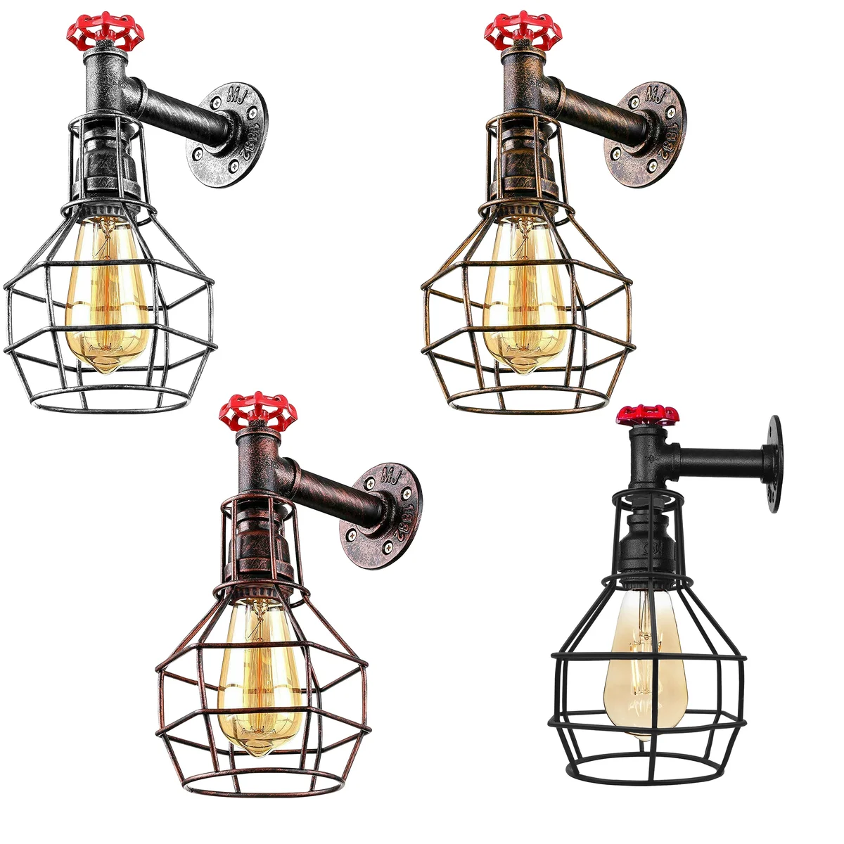 Brushed copper pipe cage wall lamp with industrial retro vintage metal design and included incandescent bulb
