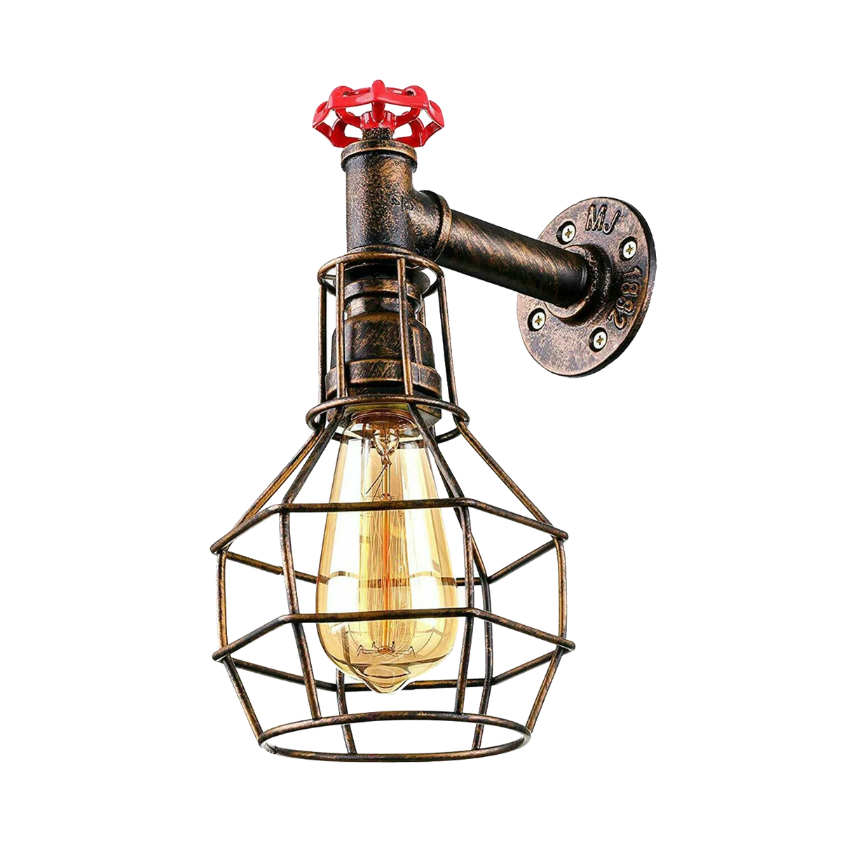 Brushed copper vintage indoor wall light with industrial pipe cage design and included bulb mounted on wall