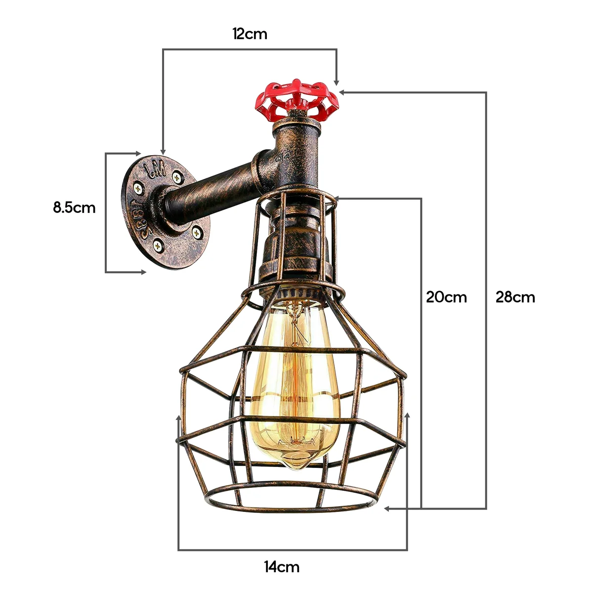 Brushed copper metal wall sconce with vintage pipe cage design and included incandescent bulb mounted on wall