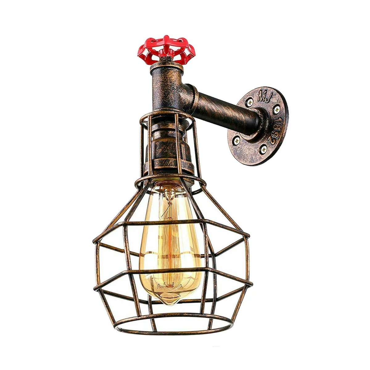 Retro industrial wall light with brushed copper pipe cage and vintage-style incandescent bulb mounted on wall