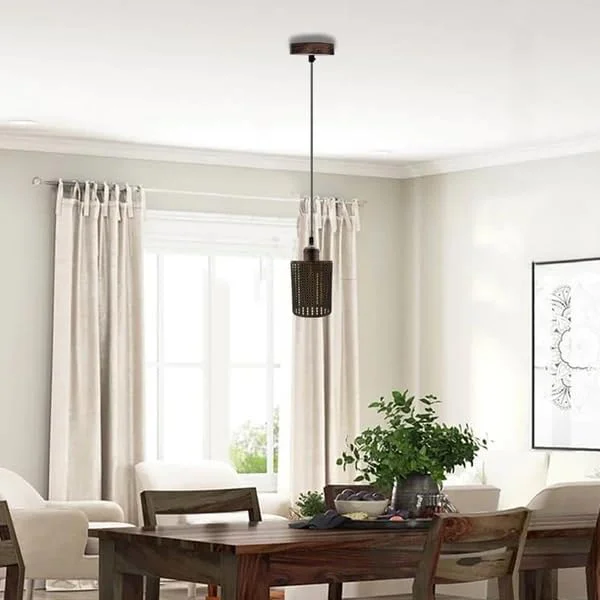 Brushed copper industrial drum metal wire cage E27 bulb ceiling shade with open design and reducer plate visible