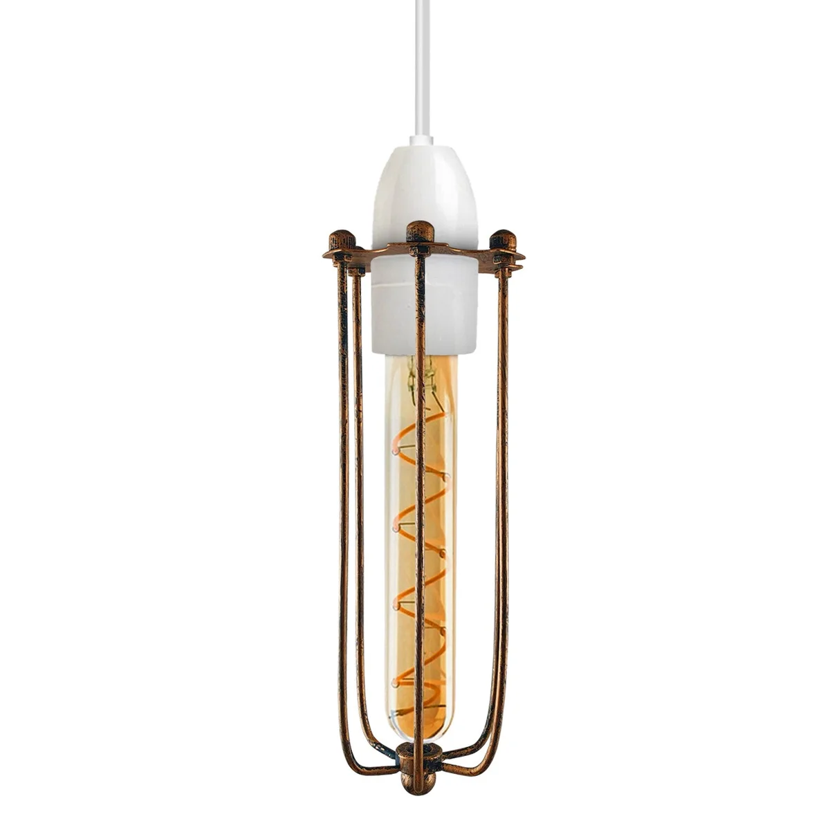 Brushed copper long wire cage light pendant with slim cylindrical metal cage, vintage industrial style, no bulb included